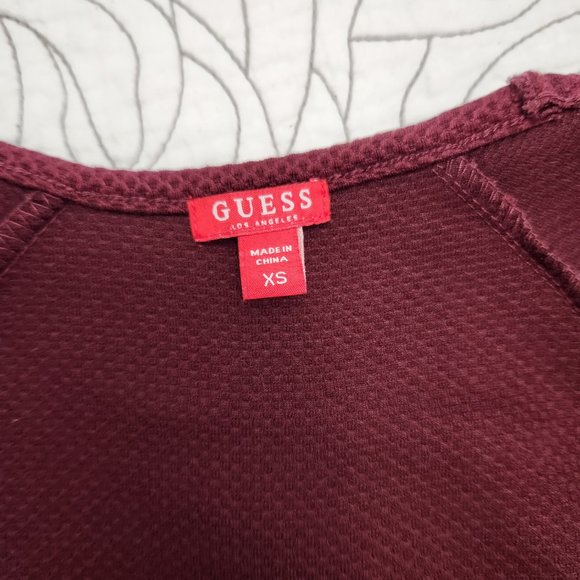 GUESS [XS] Burgundy Cold Shoulder Ruffle Long Sleeve Guess Top - Picture 3 of 11